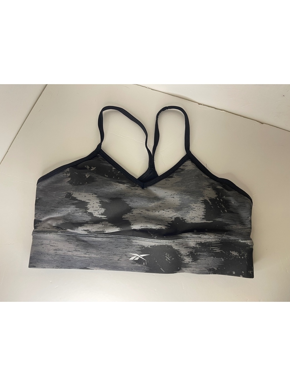 Reebok Womens Sports Bra Black Gray Abstract Print Padded Longline Strappy